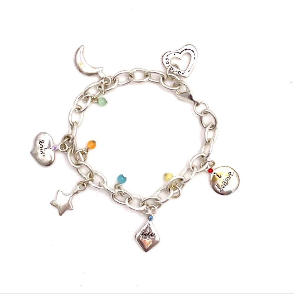 Silver color charm bracelet with words and beads